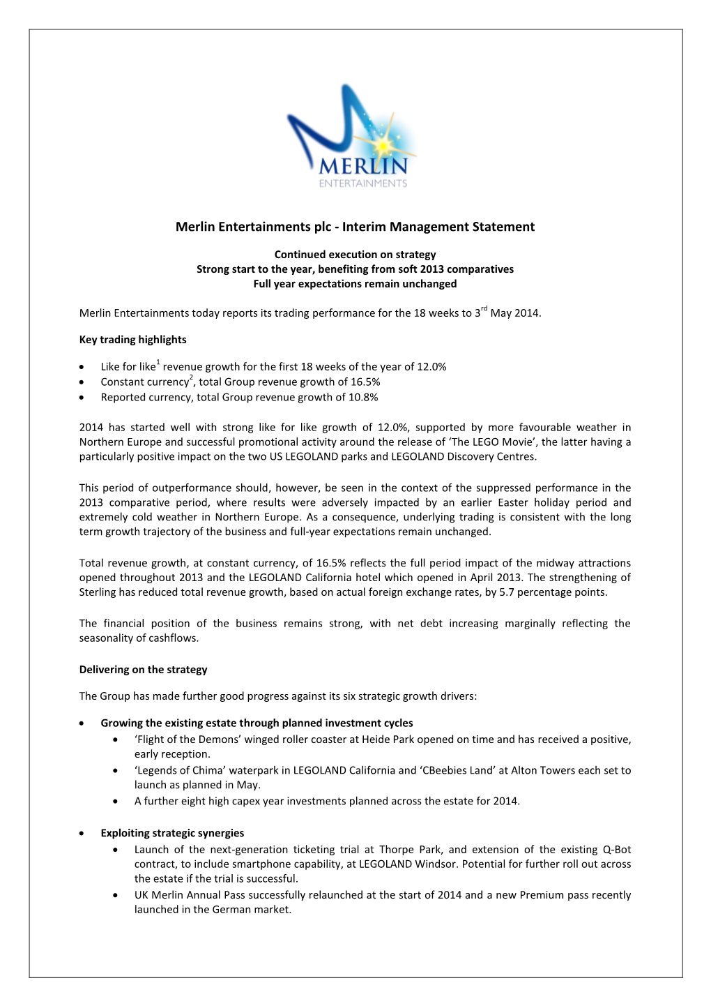 Merlin Entertainments Plc - Interim Management Statement