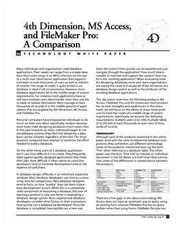 4Th Dimension, MS Access, and Filemaker Pro: a Comparison