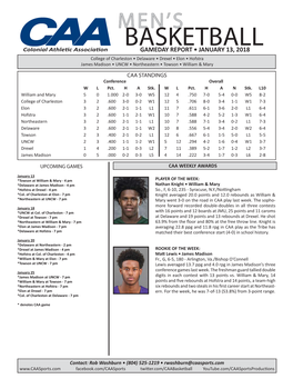 Men's Basketball CONFERENCE BASKETBALL STATISTICS Through Games of Jan 11, 2018 (All Games)