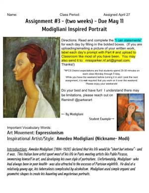 Assignment #3 - (Two Weeks) - Due May 11 Modigliani Inspired Portrait