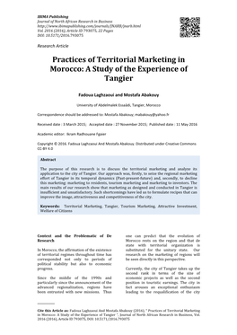 Practices of Territorial Marketing in Morocco: a Study of the Experience of Tangier