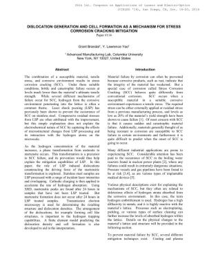 DISLOCATION GENERATION and CELL FORMATION AS a MECHANISM for STRESS CORROSION CRACKING MITIGATION Paper #114