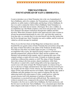 Tirumantiram: Fountainhead of Saiva Siddhanta
