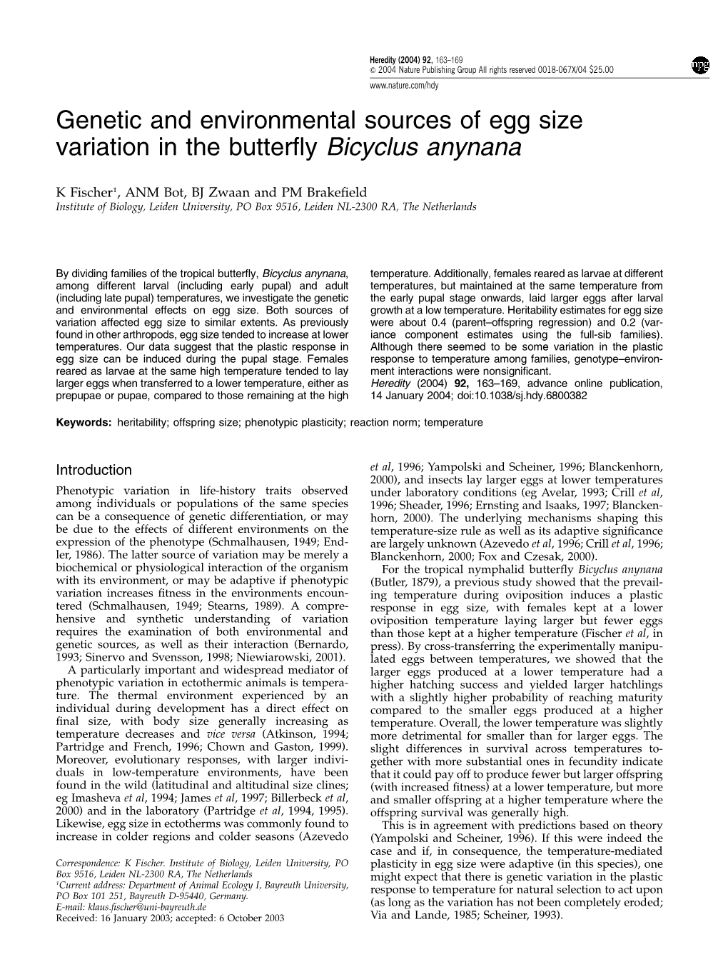 Genetic and Environmental Sources of Egg Size Variation in the Butterfly