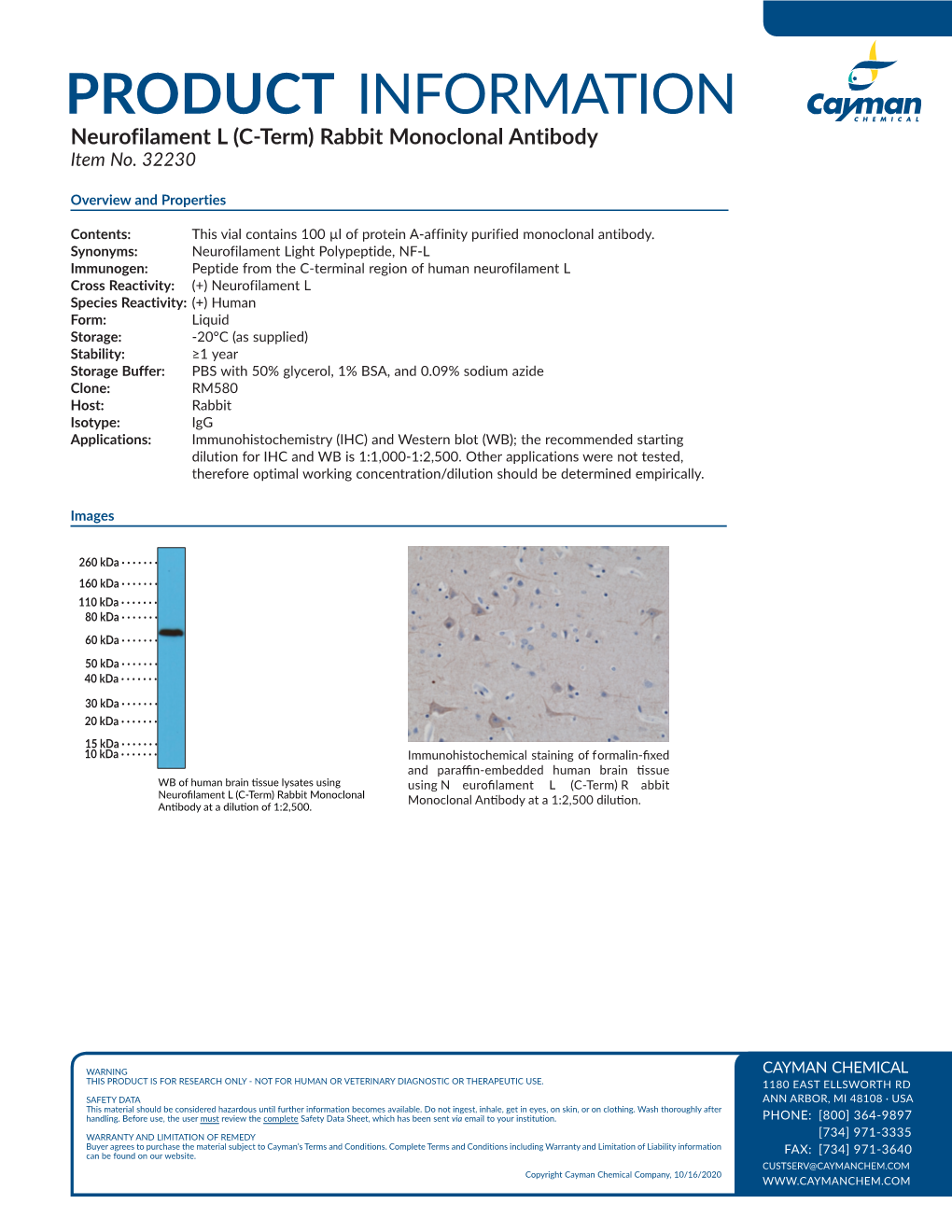 PRODUCT INFORMATION Neurofilament L (C-Term) Rabbit Monoclonal Antibody Item No