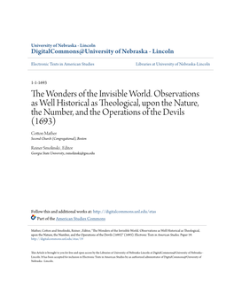 The Wonders of the Invisible World. Observations As Well Historical As