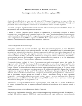 Archivio Musicale Di Nuova Consonanza Versione Provvisoria, in Fase Di Revisione (A Giugno 2016)