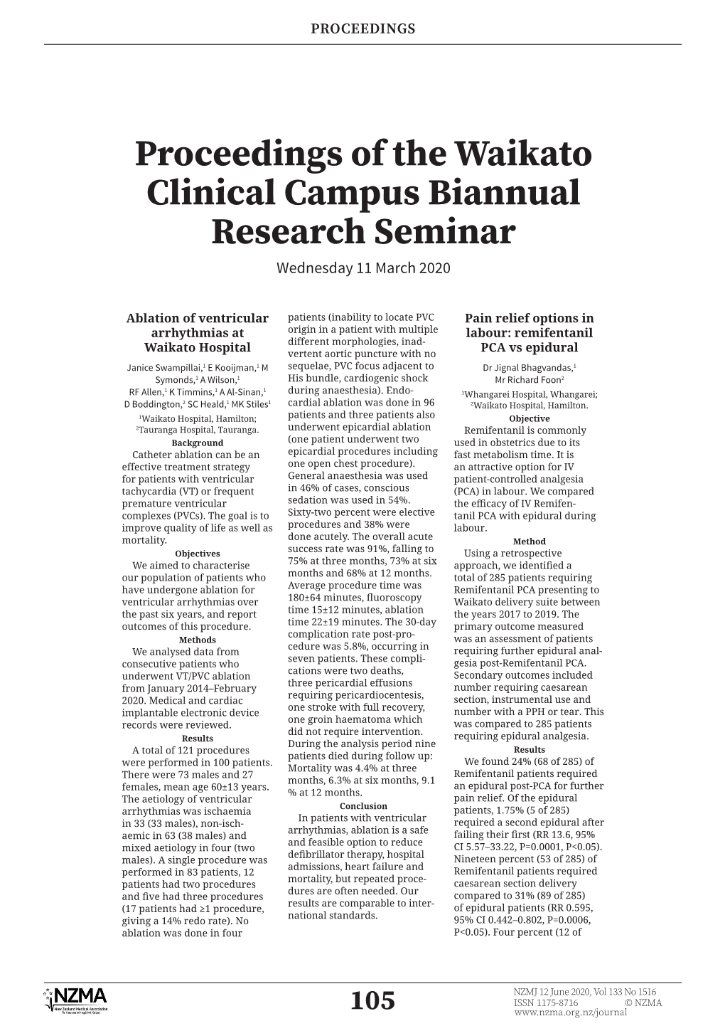 Proceedings of the Waikato Clinical Campus Biannual Research Seminar Wednesday 11 March 2020
