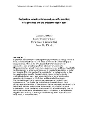 Exploratory Experimentation and Scientific Practice: Metagenomics and the Proteorhodopsin Case