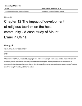 Chapter 12 the Impact of Development of Religious Tourism on the Host Community - a Case Study of Mount E'mei in China
