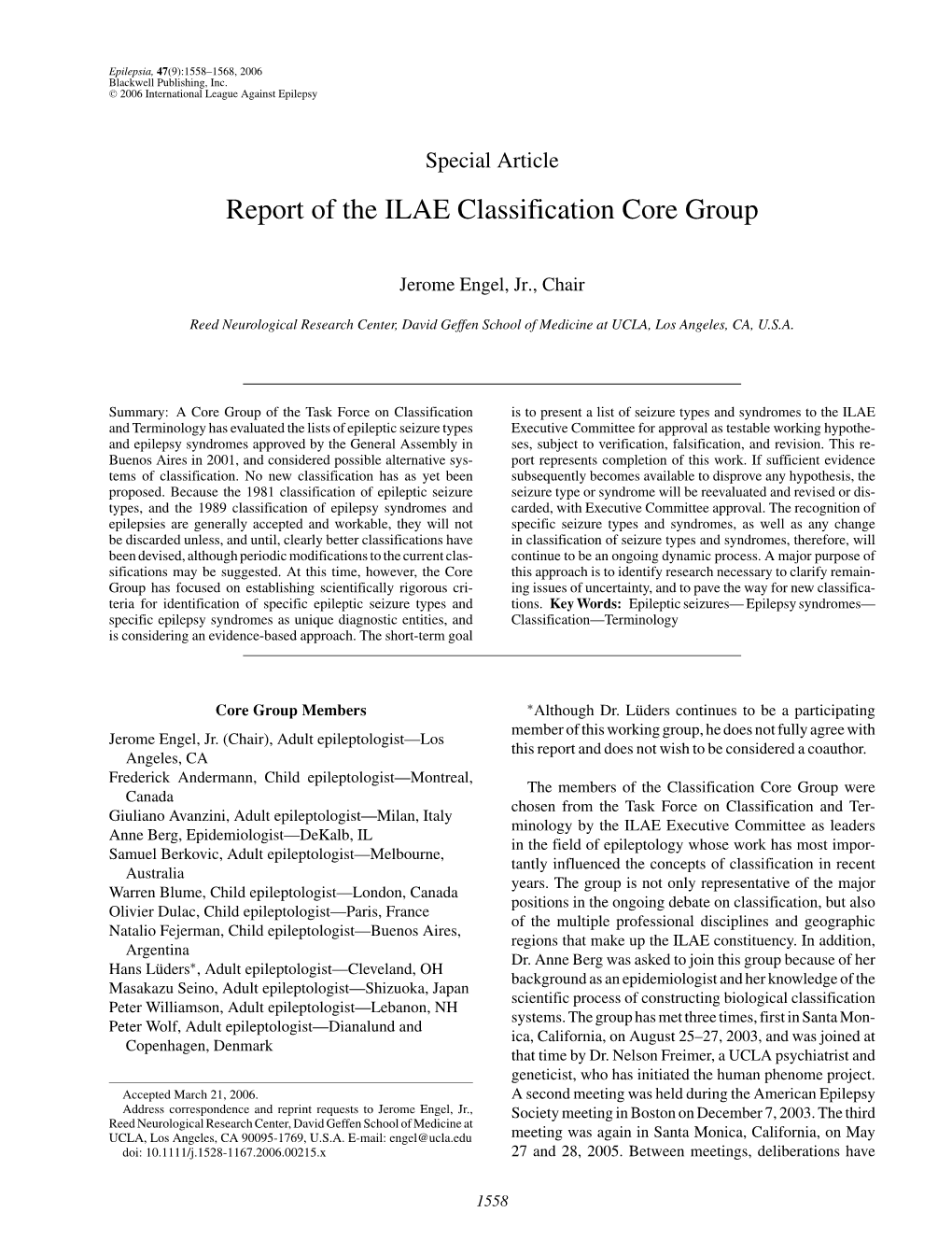 Report of the ILAE Classification Core Group