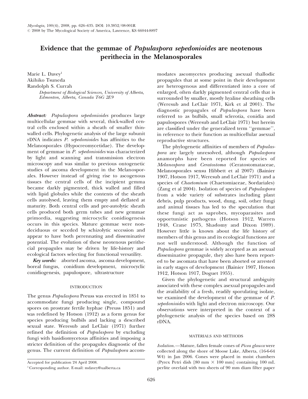 Evidence That the Gemmae of Papulaspora Sepedonioides Are Neotenous Perithecia in the Melanosporales