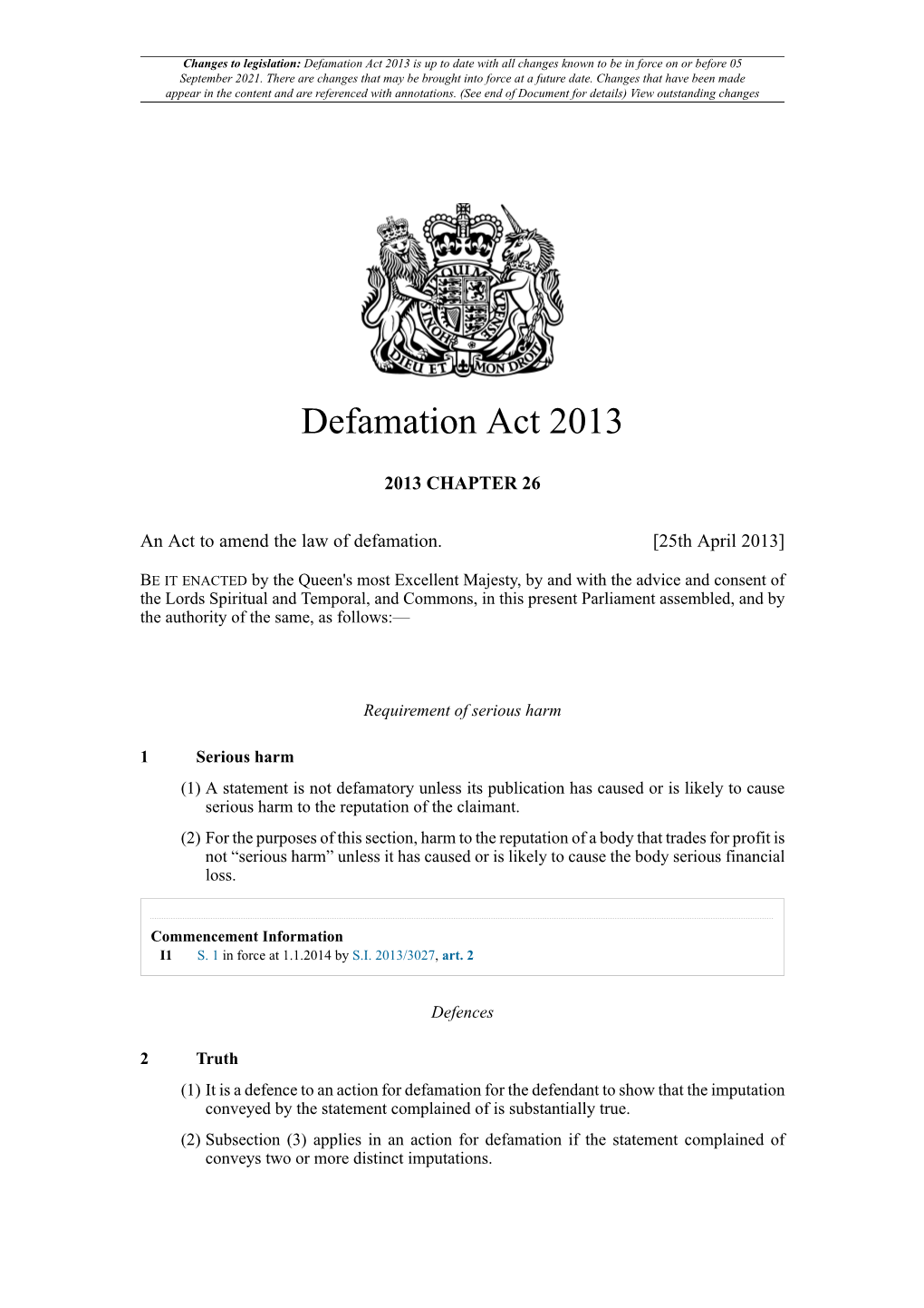 Defamation Act 2013 Is up to Date with All Changes Known to Be in Force on Or Before 05 September 2021