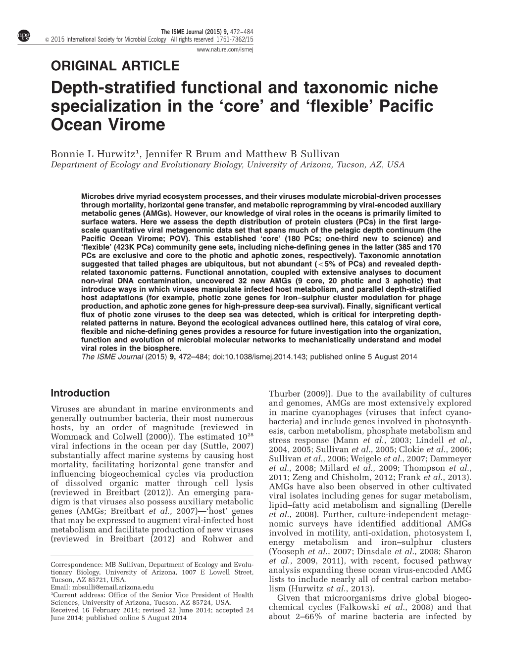 Depth-Stratified Functional and Taxonomic Niche Specialization in the ‘Core’ and ‘Flexible’ Pacific Ocean Virome