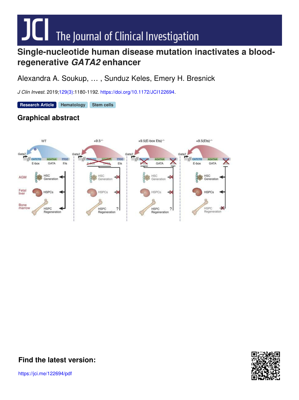 Single-Nucleotide Human Disease Mutation Inactivates a Blood- Regenerative GATA2 Enhancer