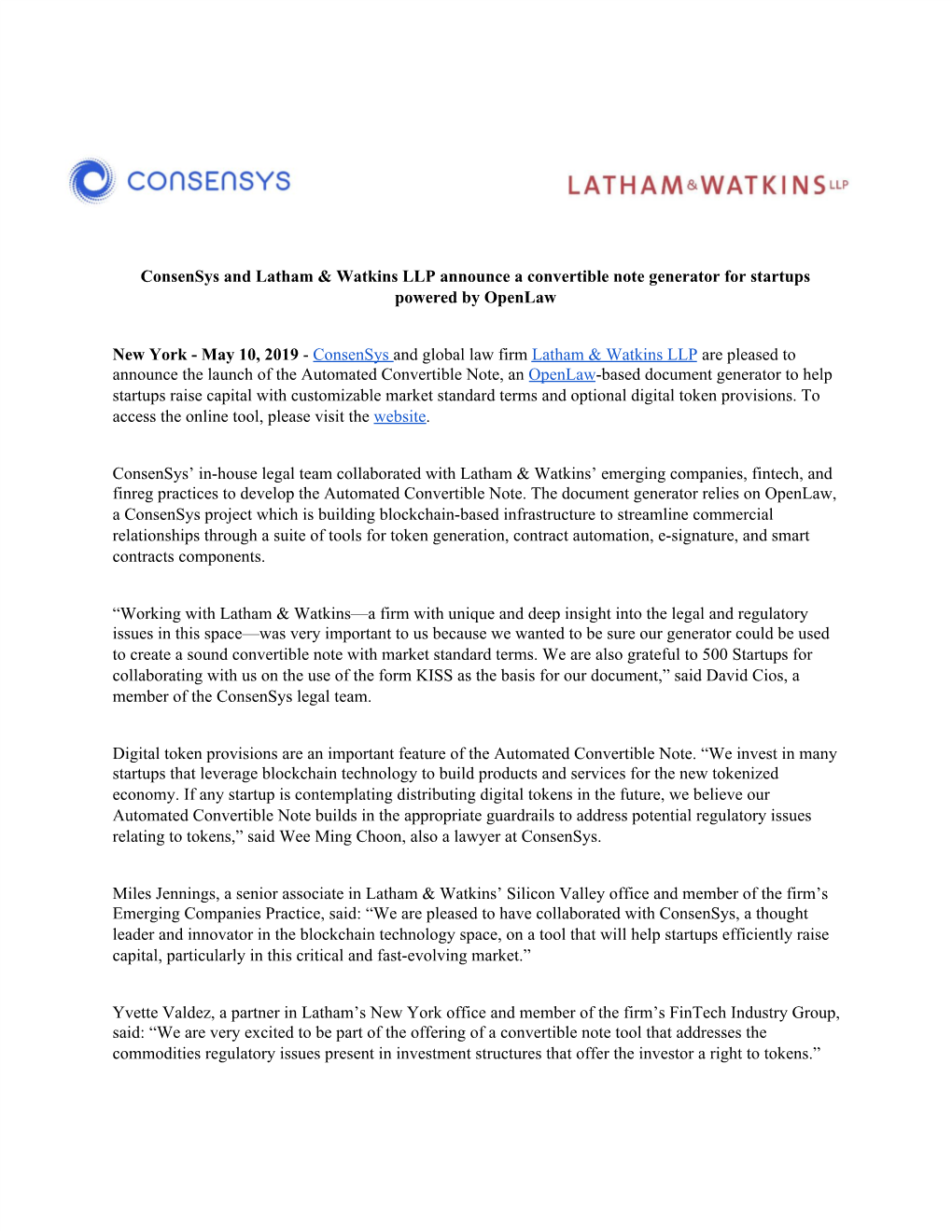 Consensys and Latham & Watkins LLP Announce a Convertible Note