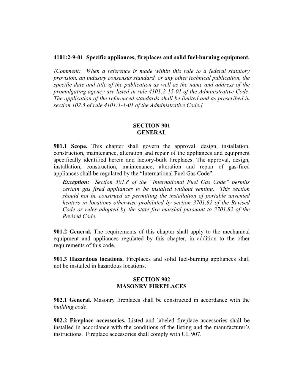 4101:2-9-01 Specific Appliances, Fireplaces and Solid Fuel-Burning Equipment