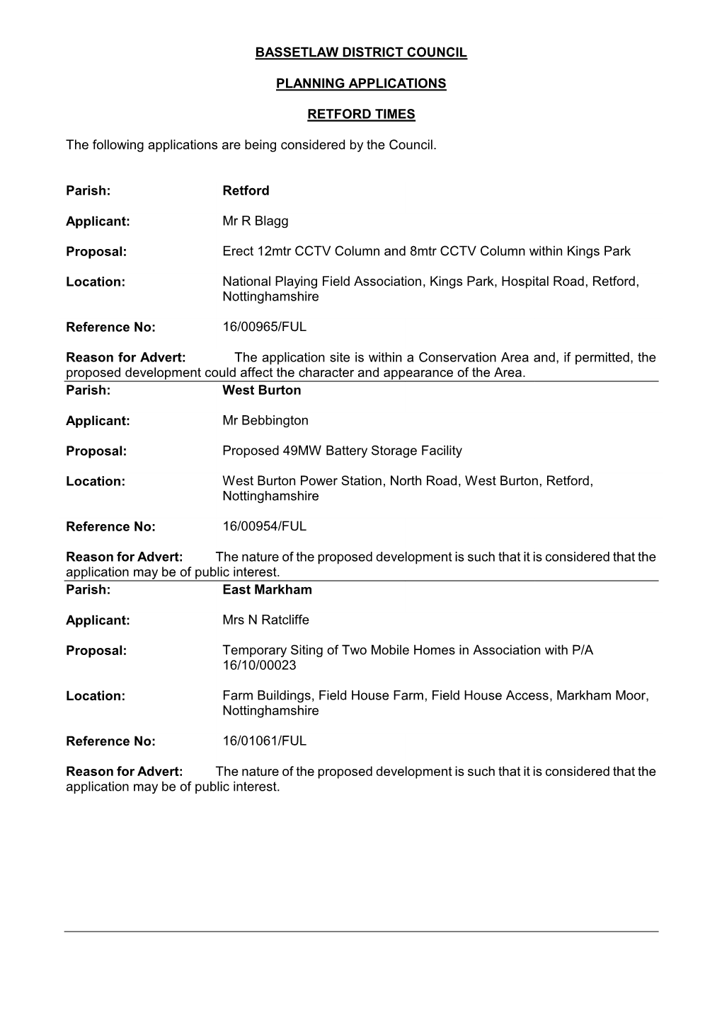 Bassetlaw District Council Planning Applications