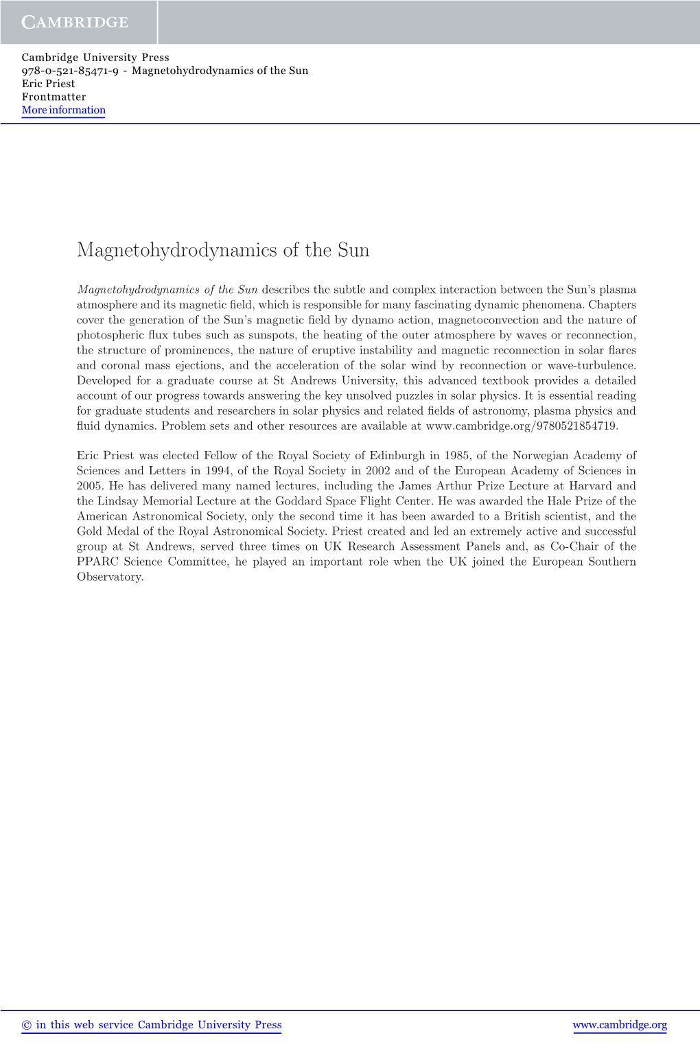 Magnetohydrodynamics of the Sun Eric Priest Frontmatter More Information