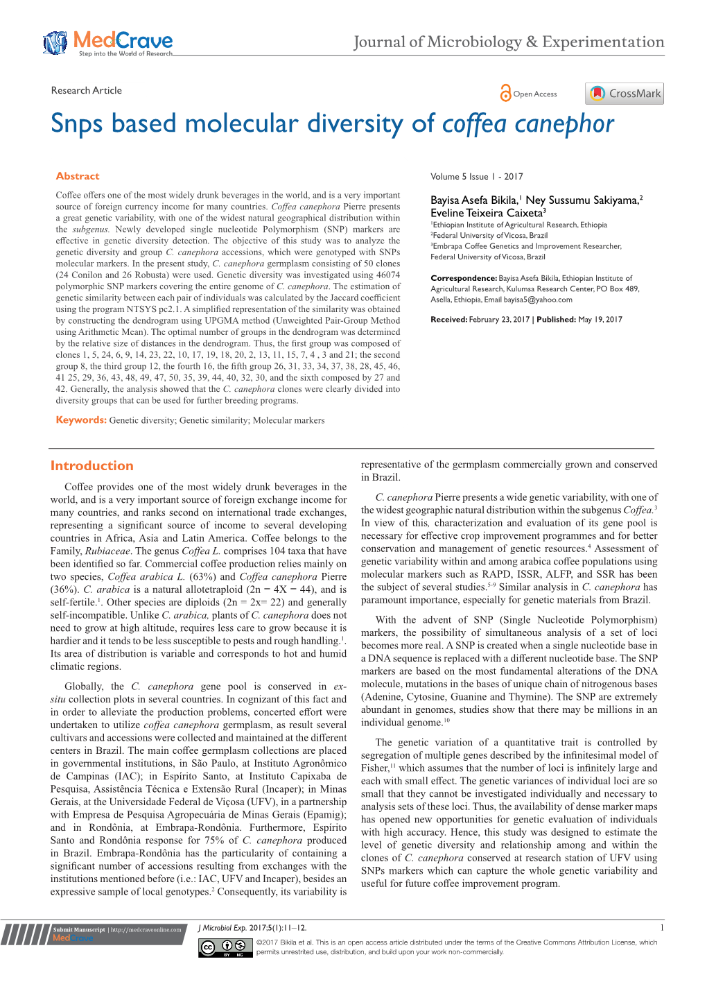 Snps Based Molecular Diversity of Coffea Canephor