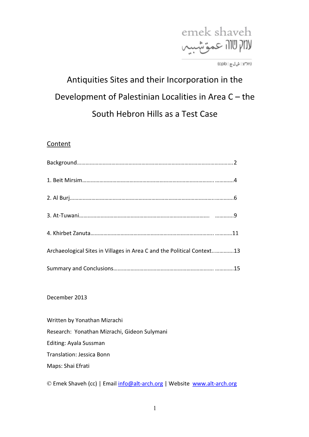Antiquities Sites and Their Incorporation in the Development of Palestinian Localities in Area C – the South Hebron Hills As a Test Case