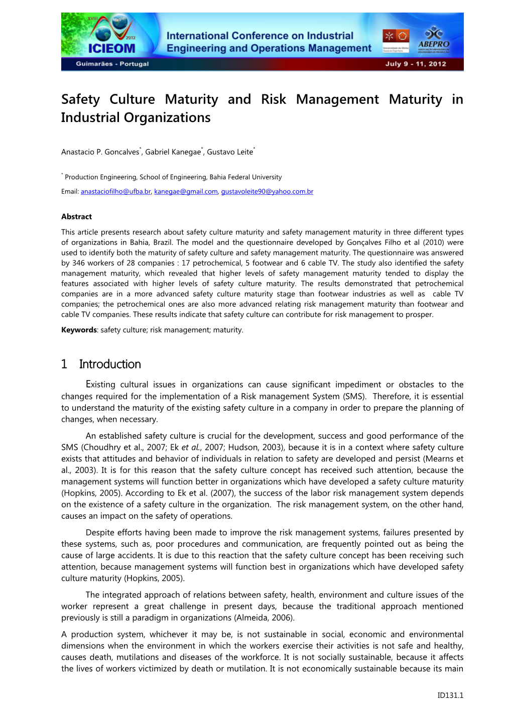 Safety Culture Maturity and Risk Management Maturity in Industrial Organizations