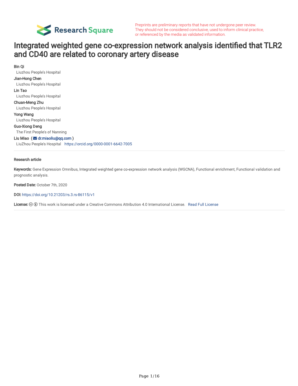 Integrated Weighted Gene Co-Expression Network Analysis Identi Ed That TLR2 and CD40 Are Related to Coronary Artery Disease