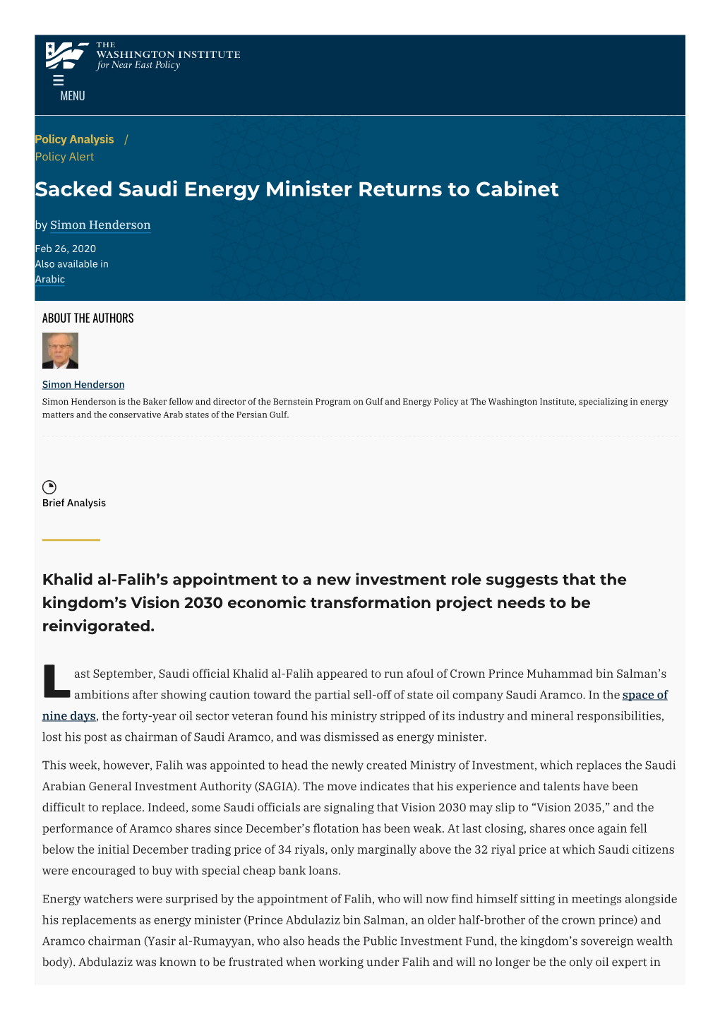 Sacked Saudi Energy Minister Returns to Cabinet by Simon Henderson