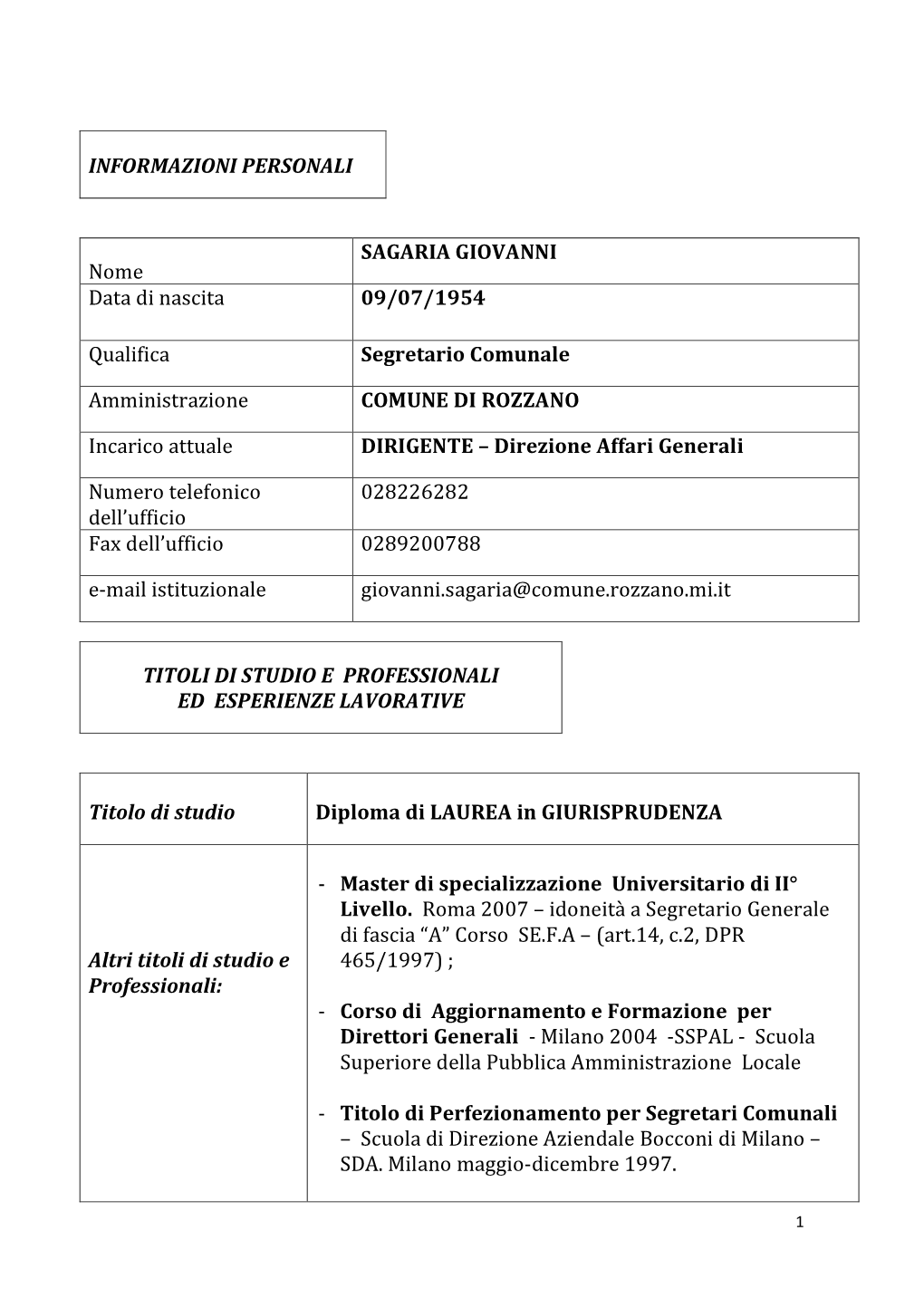 INFORMAZIONI PERSONALI Nome SAGARIA GIOVANNI Data Di Nascita 09/07/1954 Qualifica Segretario Comunale Amministrazione COMUNE DI