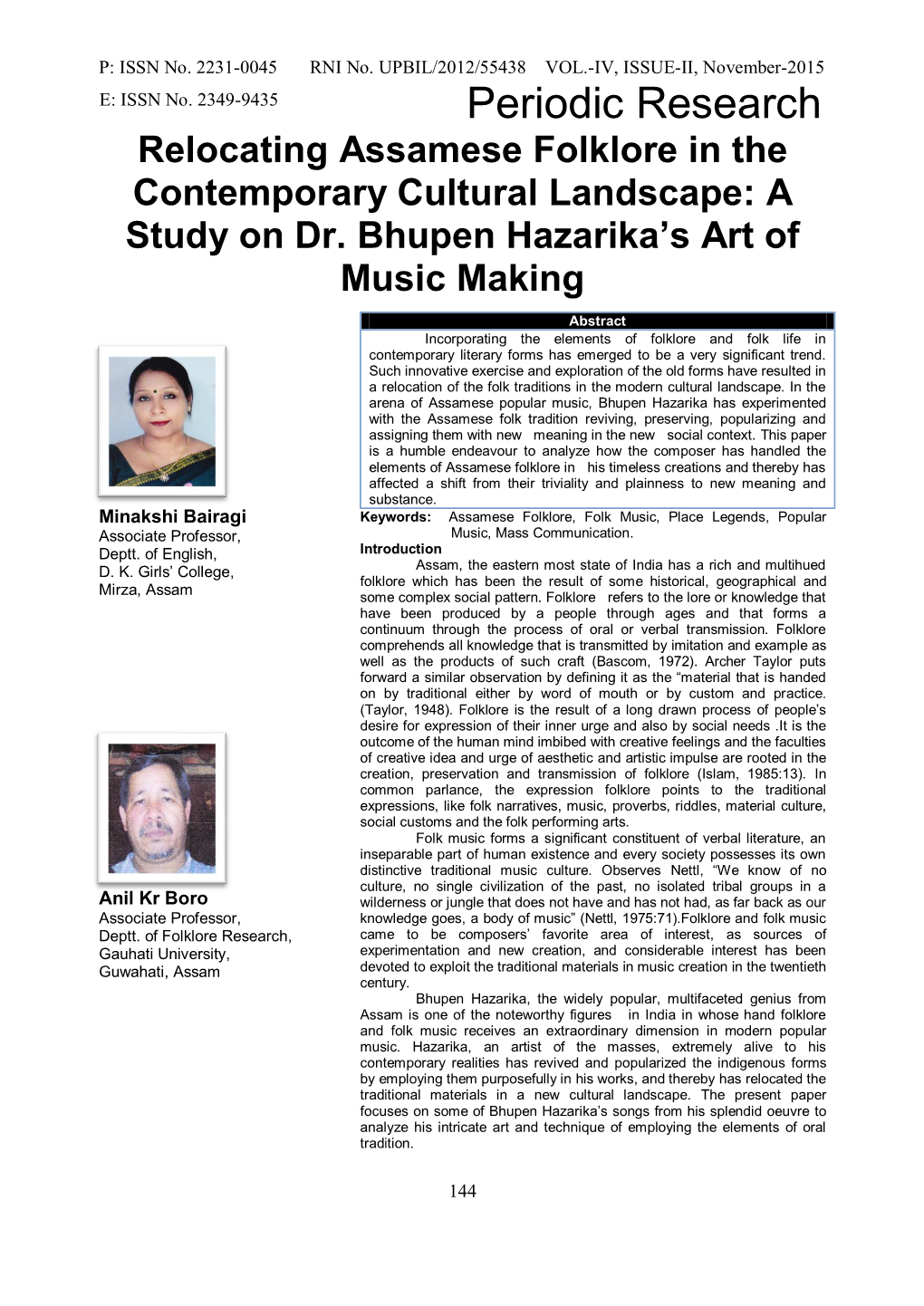 A Study on Dr. Bhupen Hazarika's Art of Music Making