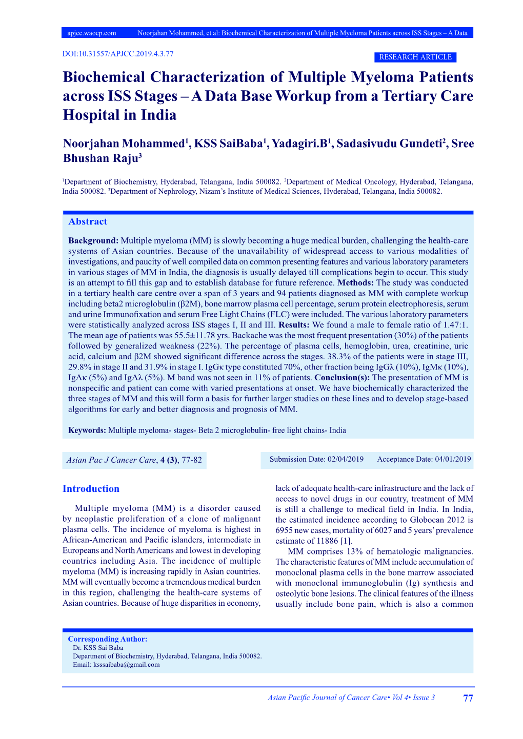 Biochemical Characterization of Multiple Myeloma Patients Across ISS Stages – a Data