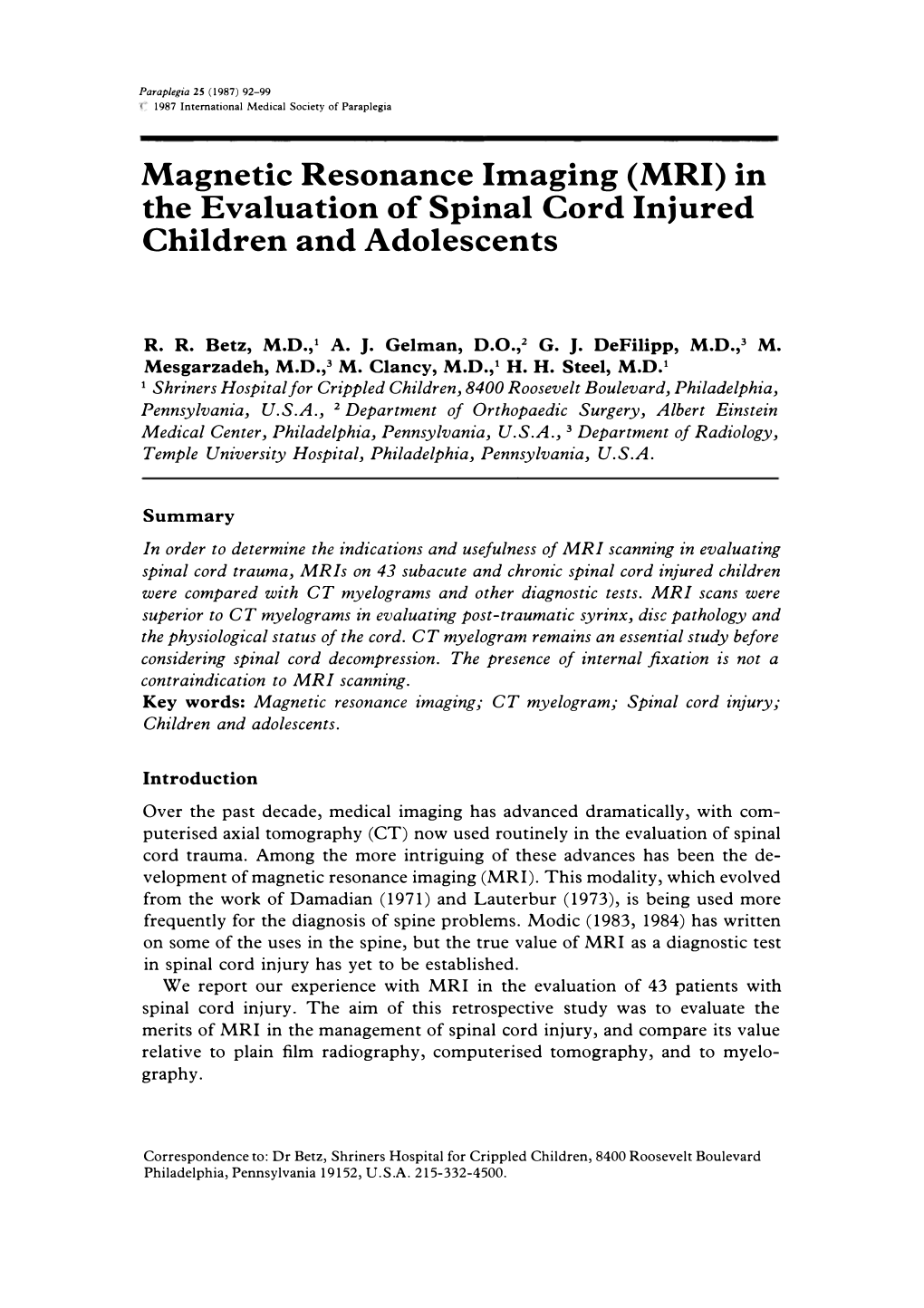 Magnetic Resonance Imaging (MRI) in the Evaluation of Spinal Cord Injured Children and Adolescents