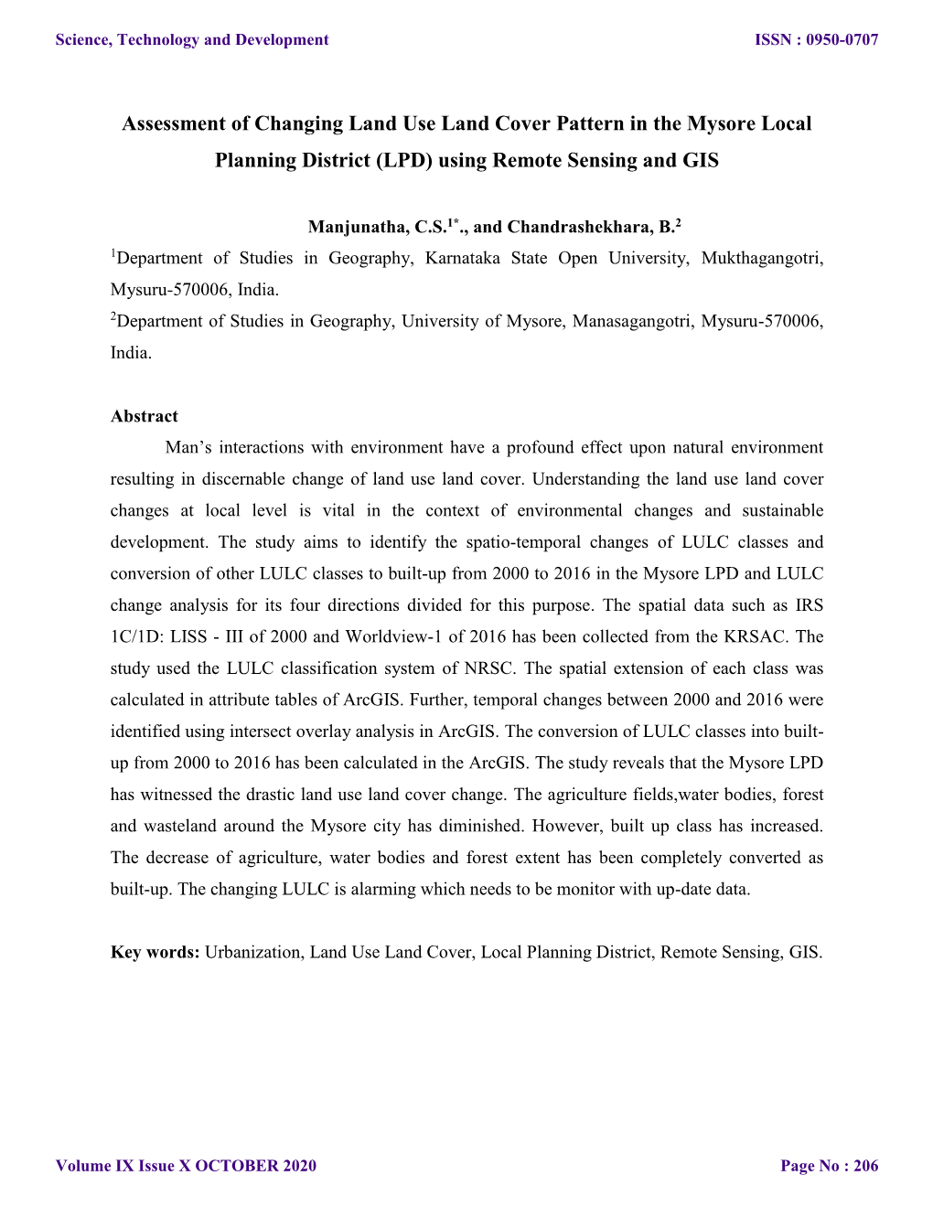 Assessment of Changing Land Use Land Cover Pattern in the Mysore Local Planning District (LPD) Using Remote Sensing and GIS