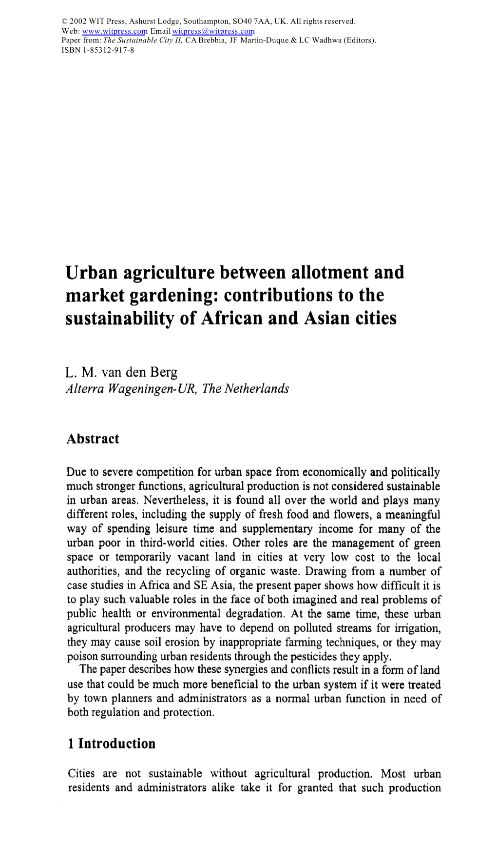 Urban Agriculture Between Allotment and Market Gardening: Contributions to the Sustainability of African and Asian Cities