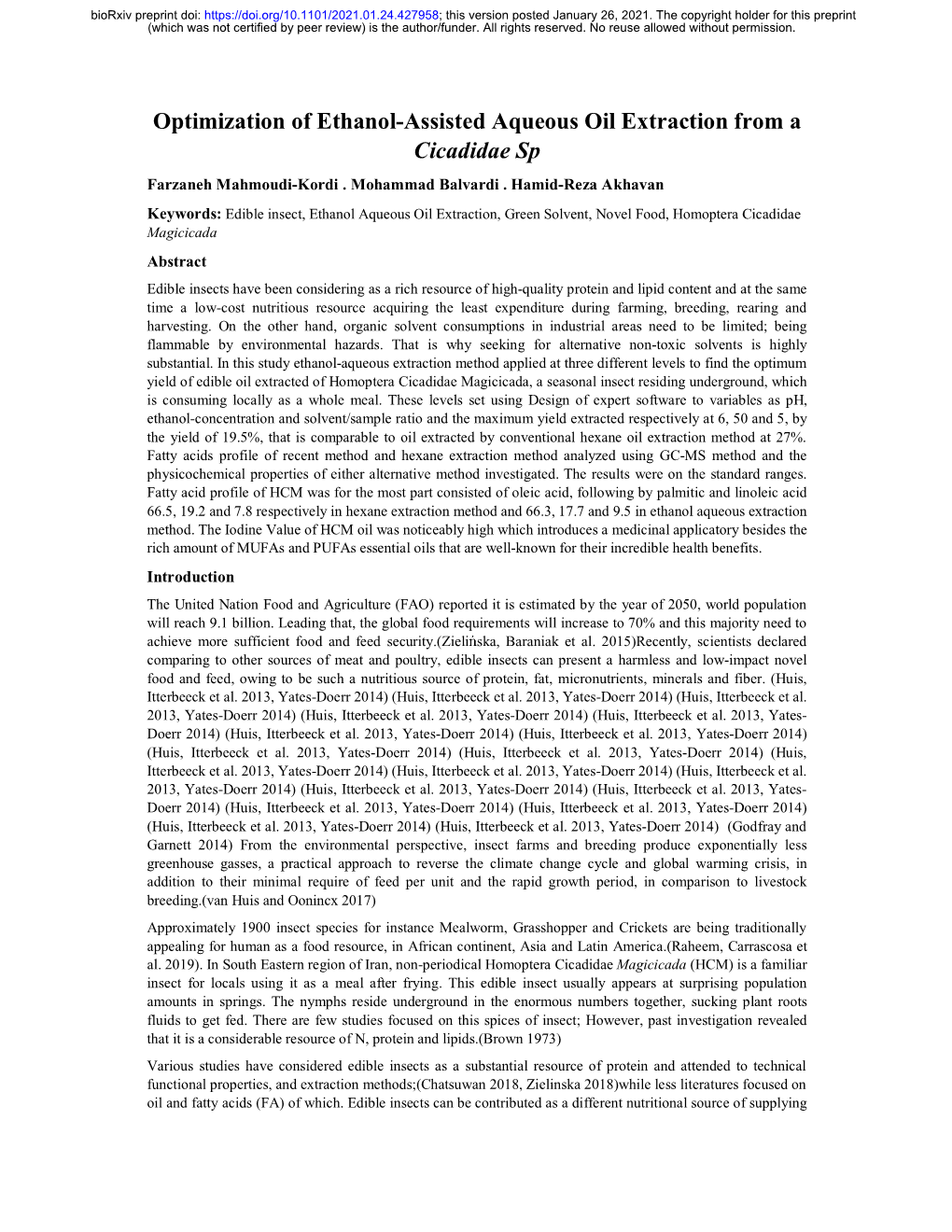 Optimization of Ethanol-Assisted Aqueous Oil Extraction from a Cicadidae Sp Farzaneh Mahmoudi-Kordi