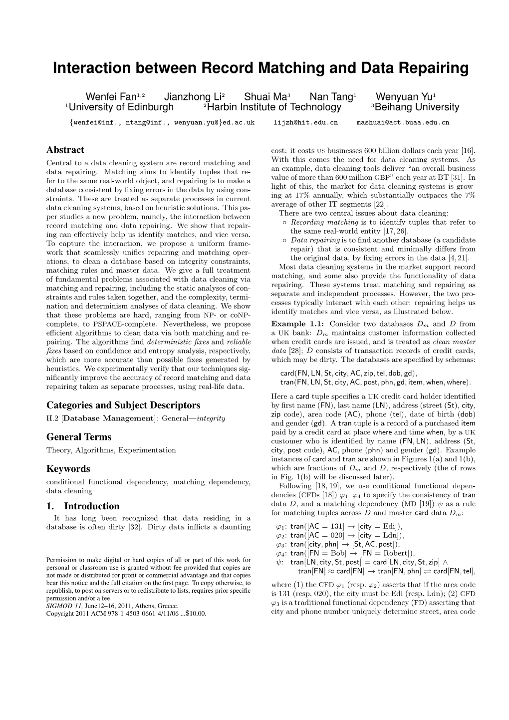 Interaction Between Record Matching and Data Repairing