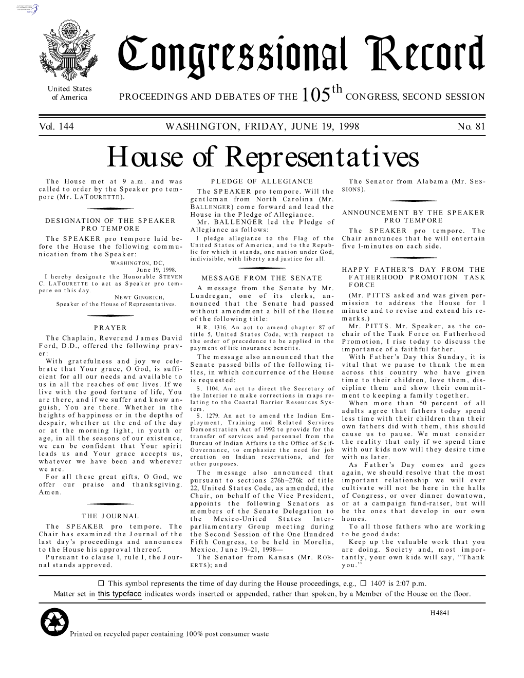 Congressional Record United States Th of America PROCEEDINGS and DEBATES of the 105 CONGRESS, SECOND SESSION