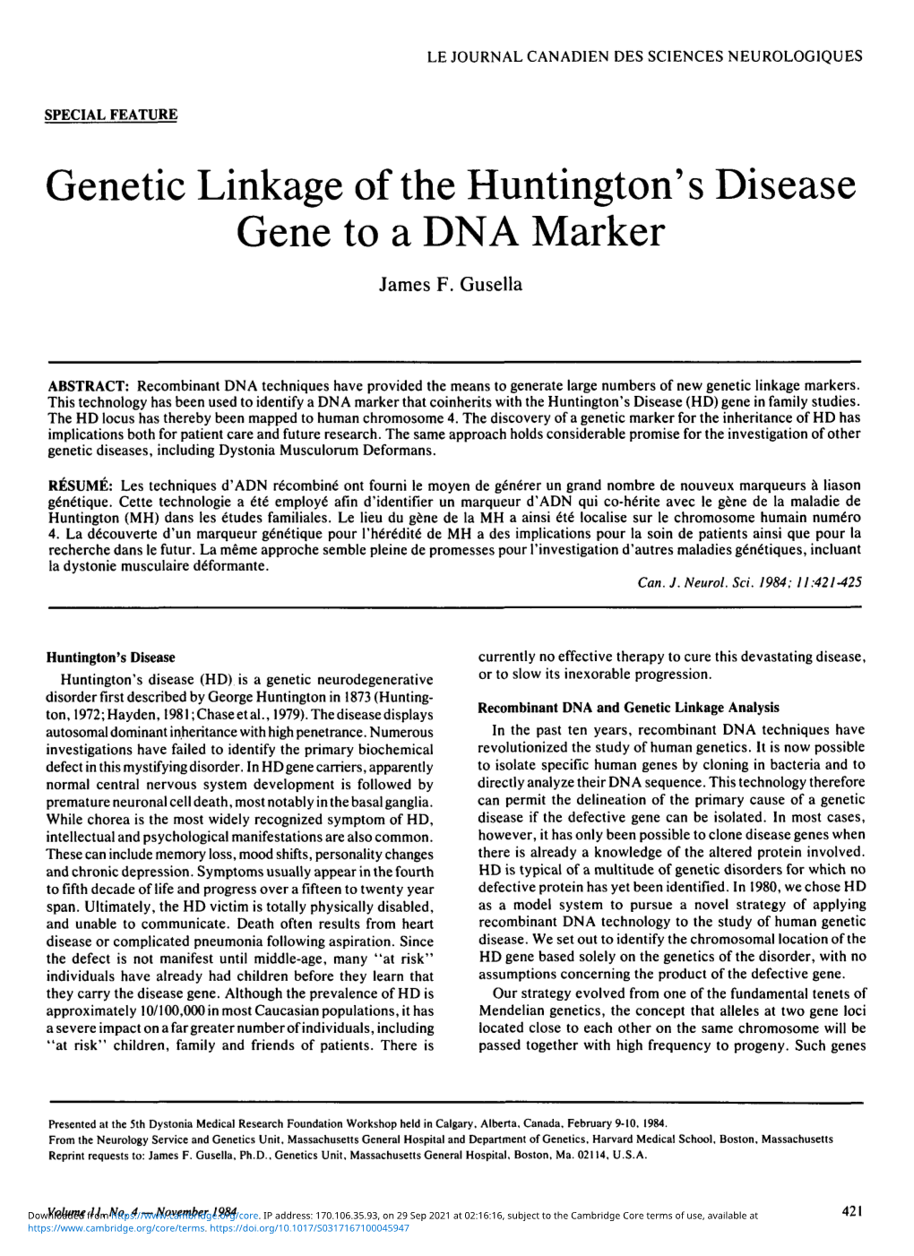 Genetic Linkage of the Huntington's Disease Gene to a DNA Marker James F