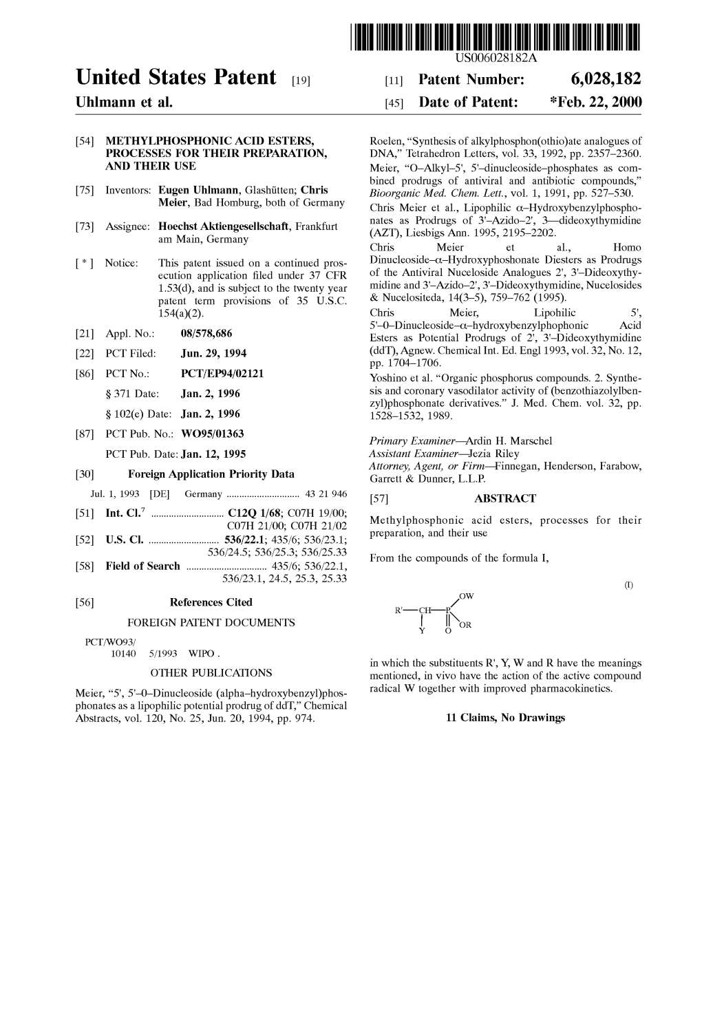 United States Patent (19) 11 Patent Number: 6,028, 182 Uhlmann Et Al