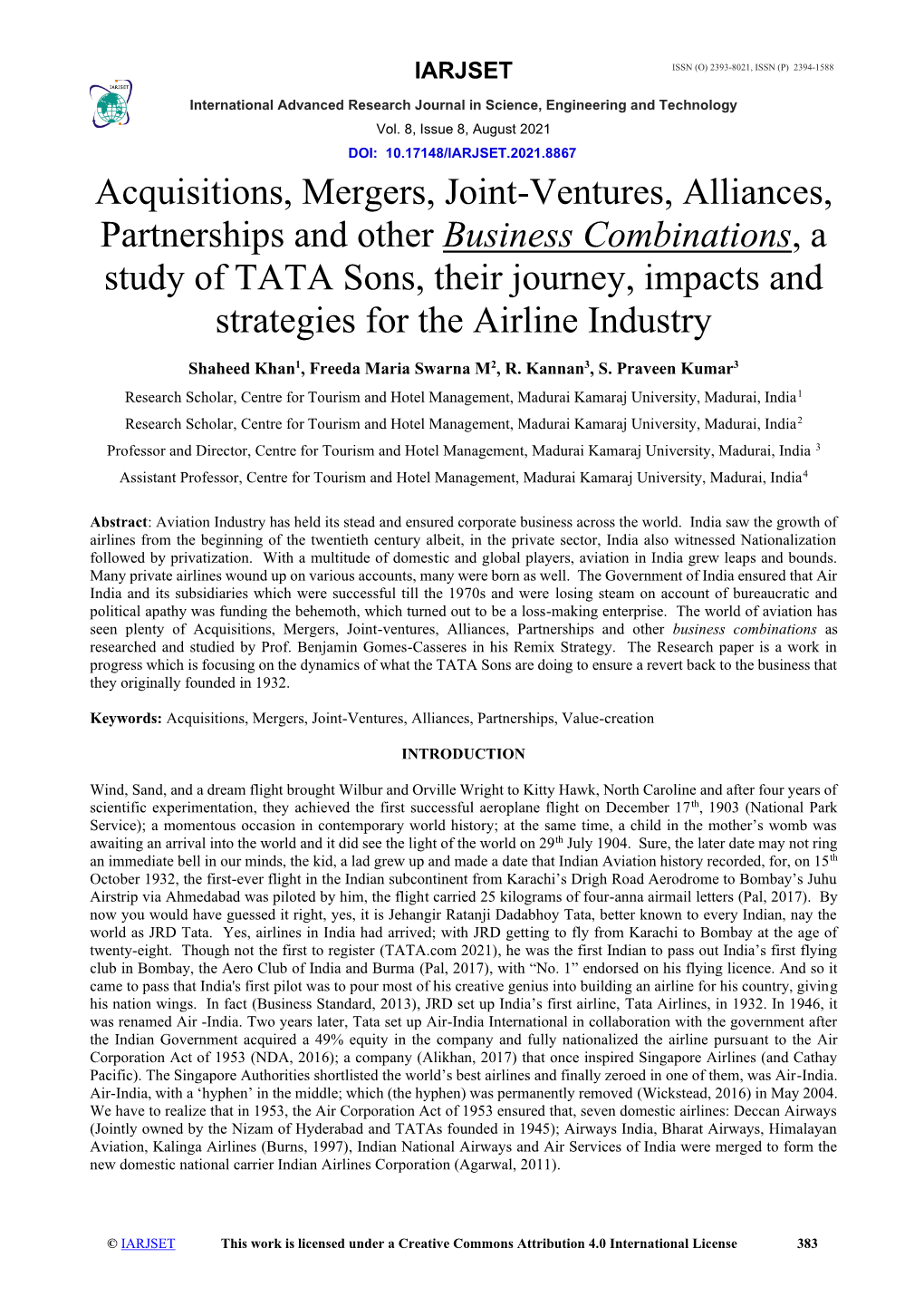 Acquisitions, Mergers, Joint-Ventures, Alliances, Partnerships and Other Business Combinations, a Study of TATA Sons, Their Jour