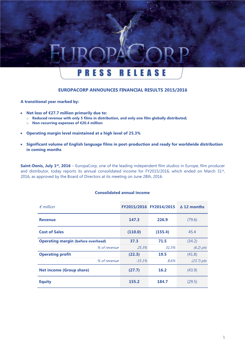 Europacorp Announces Financial Results 2015/2016