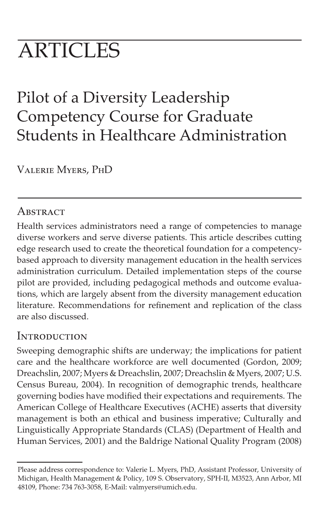 Pilot of a Diversity Leadership Competency Course for Graduate Students in Healthcare Administration