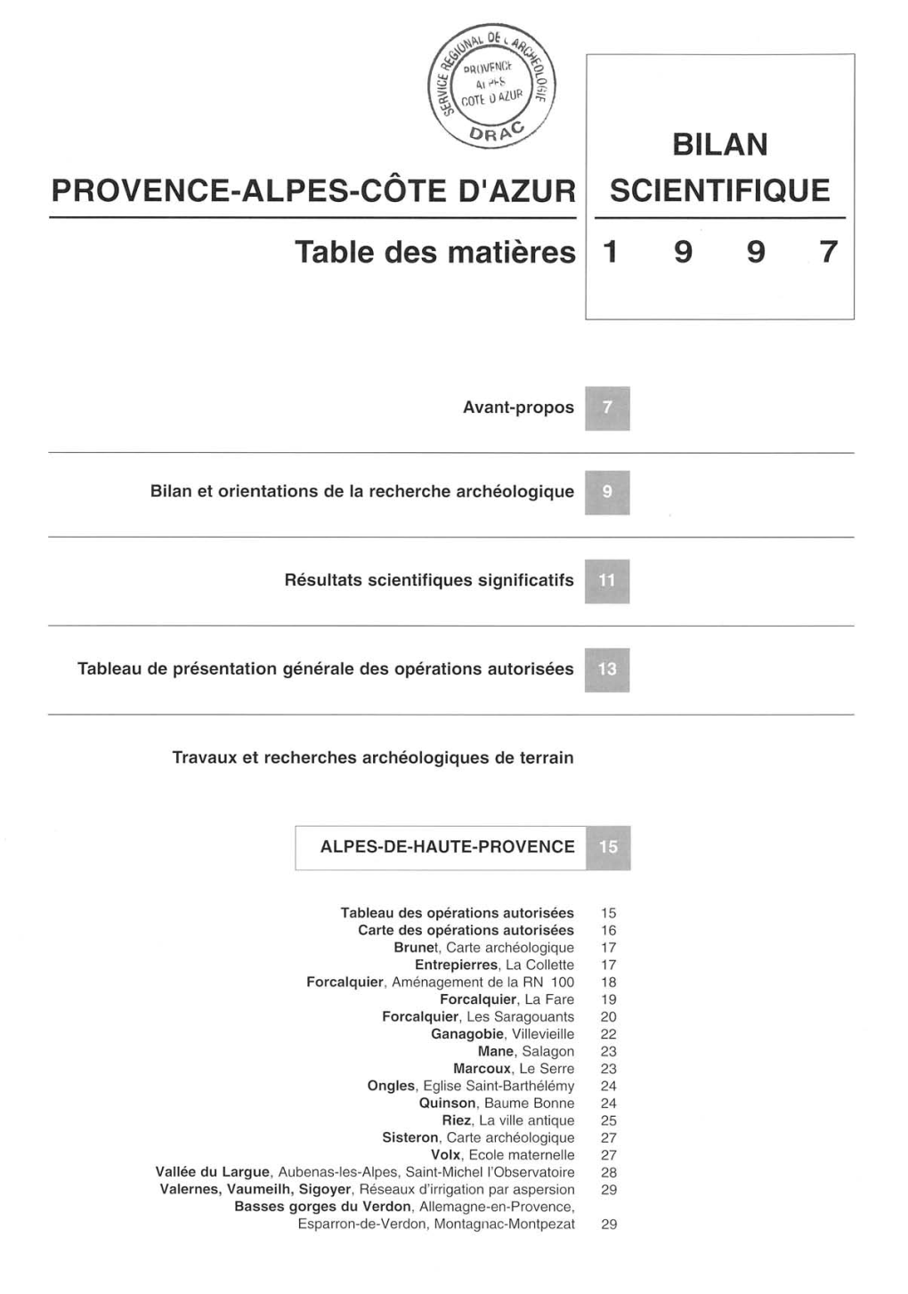 PROVENCE-ALPES-CÔTE D'azur Table Des Matières BILAN