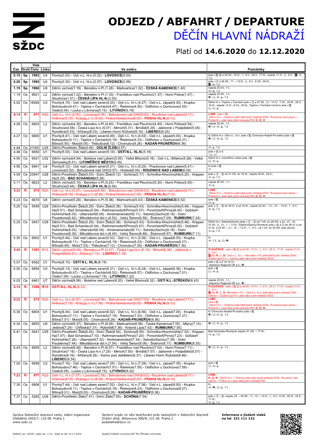 DĚČÍN HLAVNÍ NÁDRAŽÍ Platí Od 14.6.2020 Do 12.12.2020