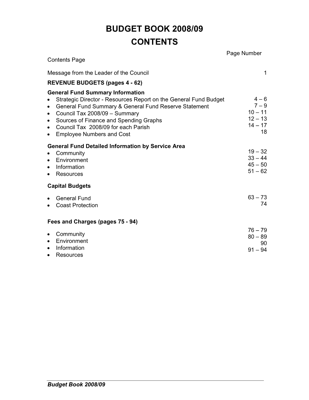 Budget Book 2008/09 Contents