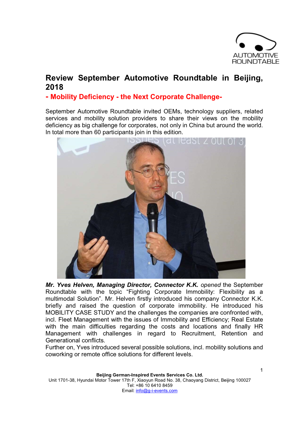 Review September Automotive Roundtable in Beijing, 2018 - Mobility Deficiency - the Next Corporate Challenge