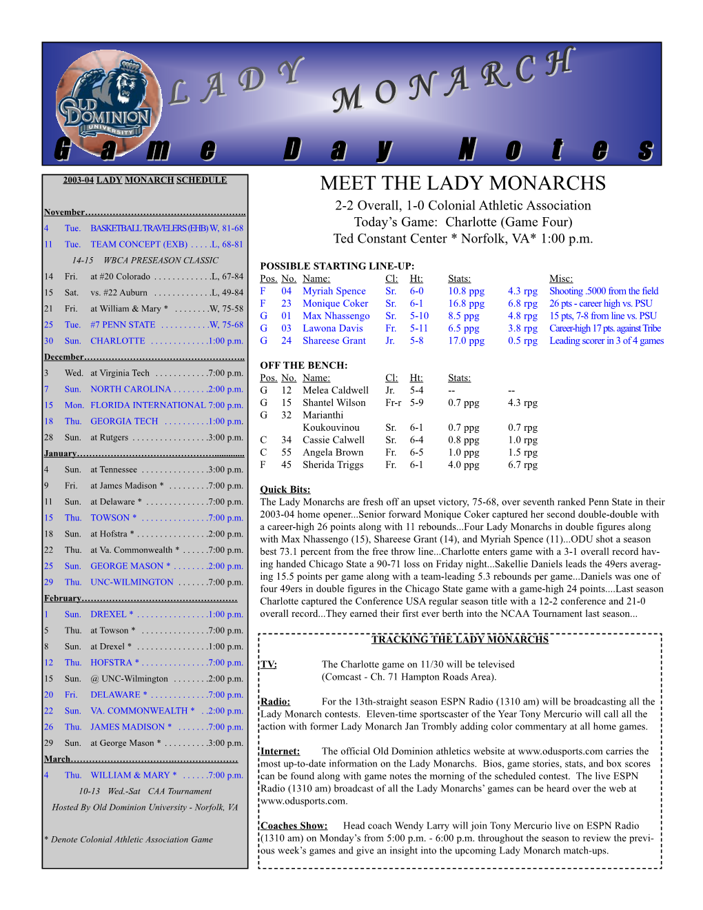 Lady Monarch Schedule Meet the Lady Monarchs