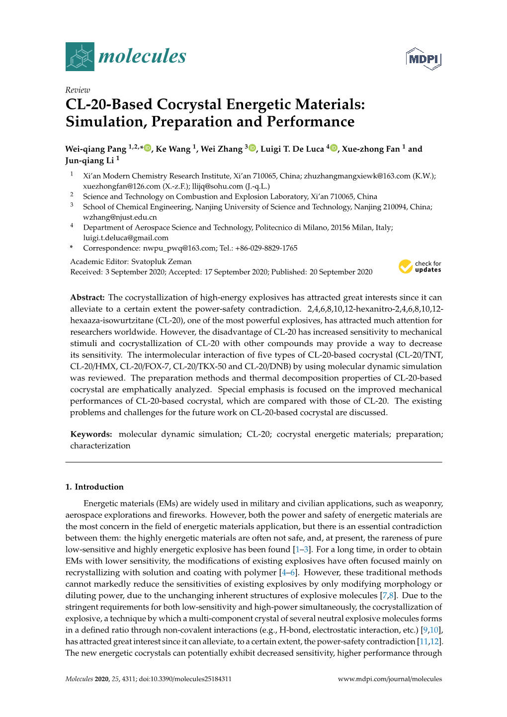 CL-20-Based Cocrystal Energetic Materials: Simulation, Preparation and Performance