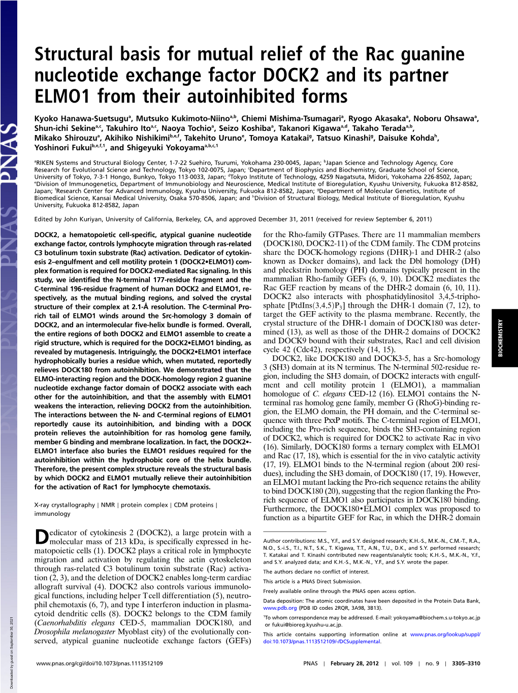 Structural Basis for Mutual Relief of the Rac Guanine Nucleotide Exchange Factor DOCK2 and Its Partner ELMO1 from Their Autoinhibited Forms