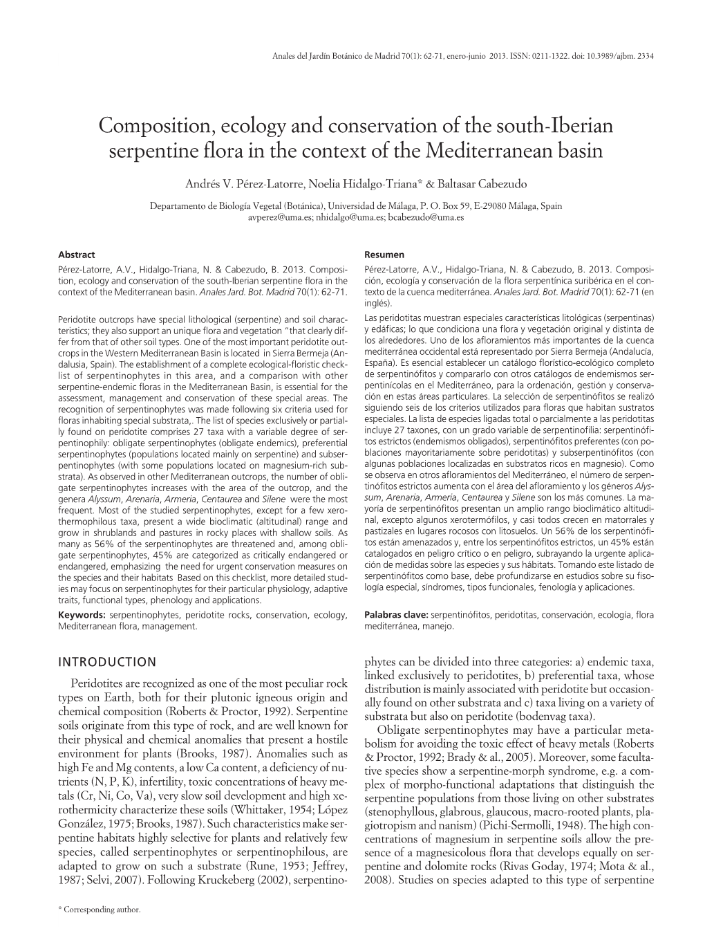 Composition, Ecology and Conservation of the South-Iberian Serpentine Flora in the Context of the Mediterranean Basin